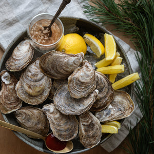 12 Atlantic oysters, classic mignonette, fennel mignonette and hot sauce